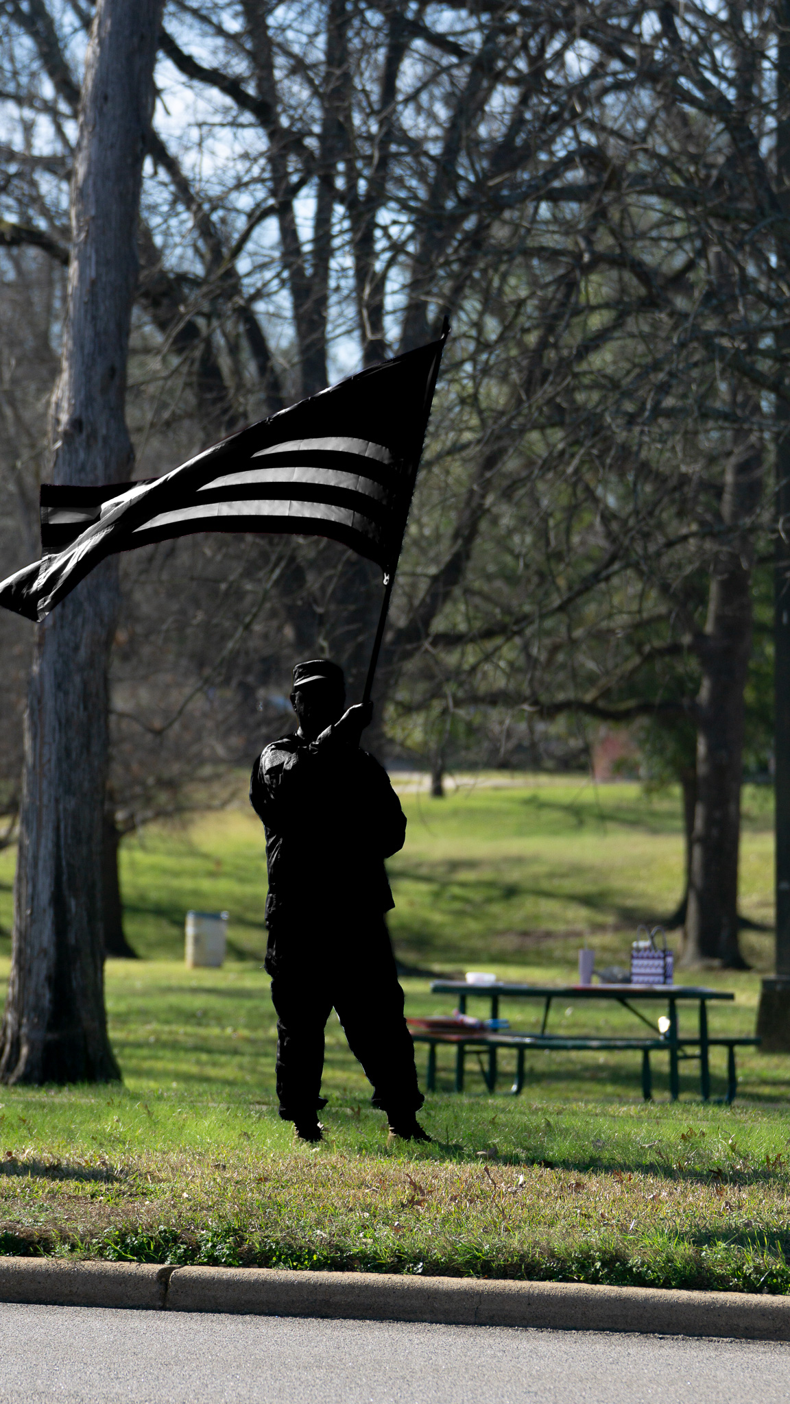 Artistic edit: lone figure with black and white flag in park