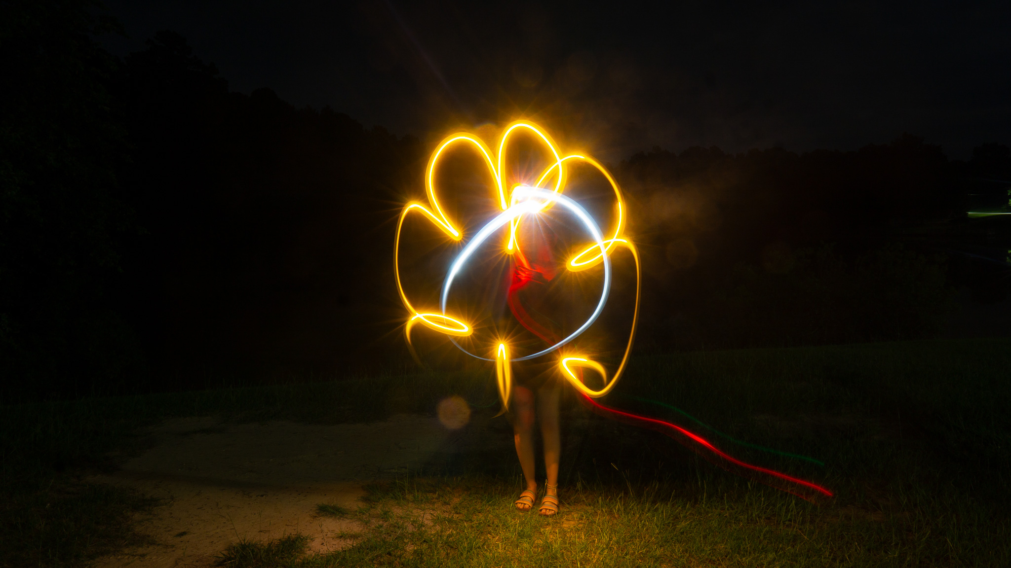 Light painting: yellow flower petals around silhouette
