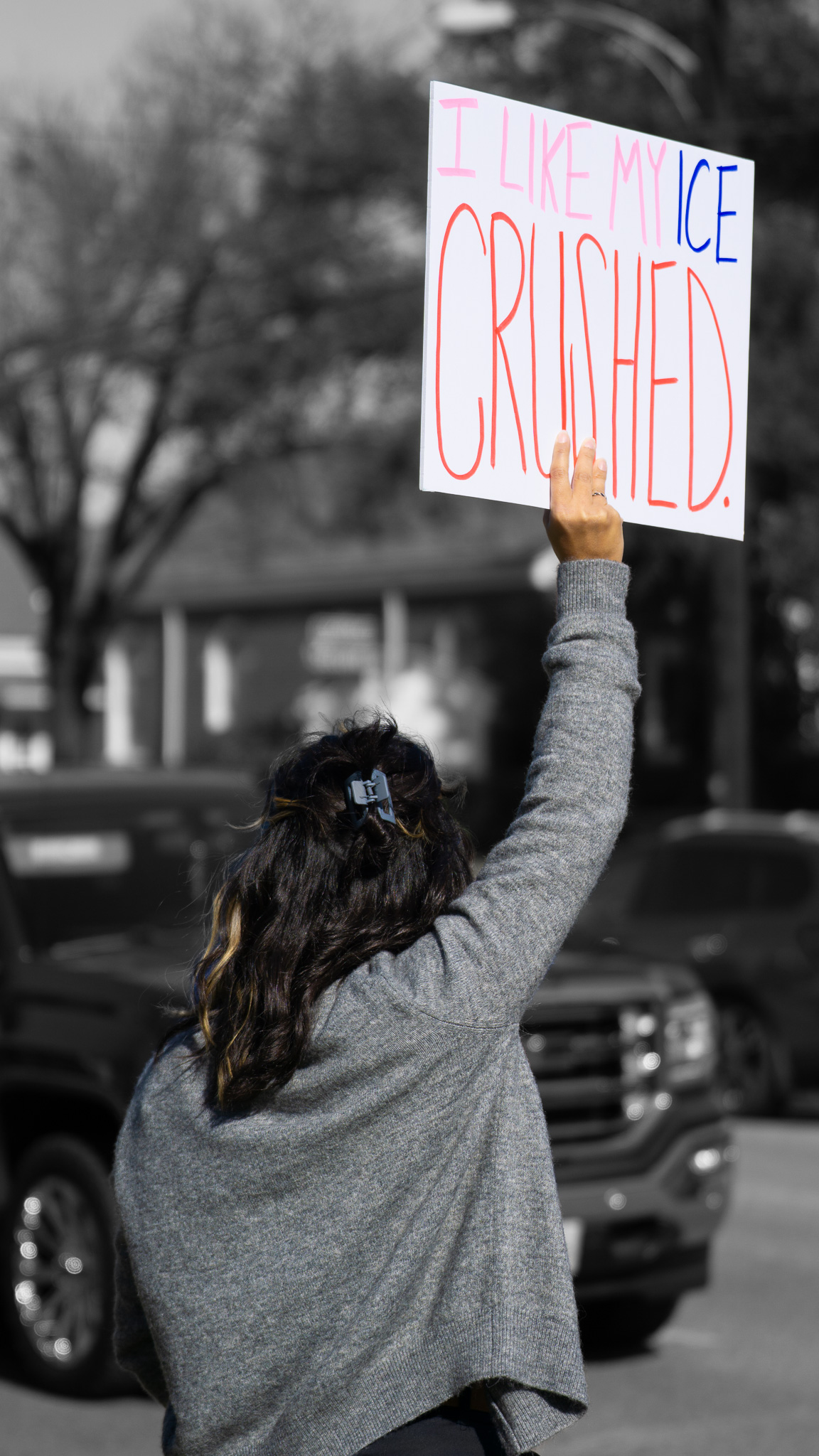 Protester holding I Like My ICE Crushed sign